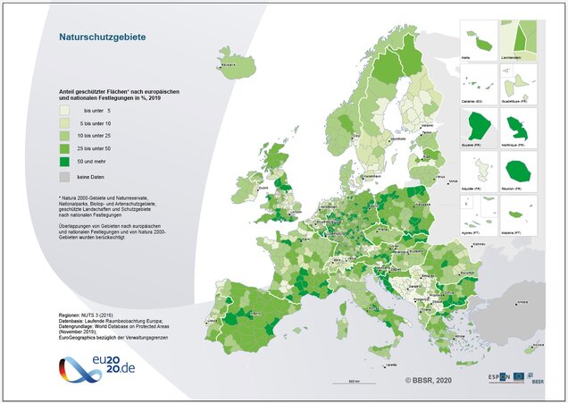 Anteil geschützter Flächen nach europäischen und nationalen Festlegungen in %, 2019 (Quelle: V. Schmidt-Seiwert)